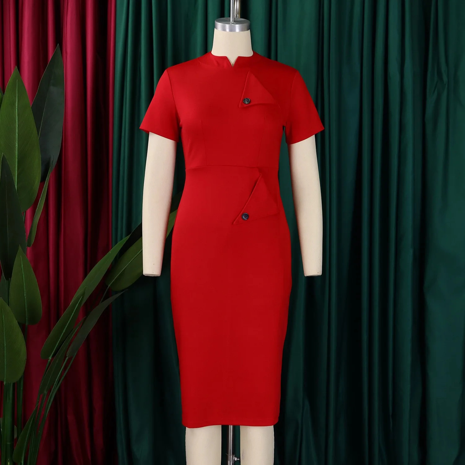 Elegant Bodycon Dresses for Office Ladies O Neck Short Sleeve Buttons Sheath Package Hips Mid Calf Professional Work Dress Midi 240812