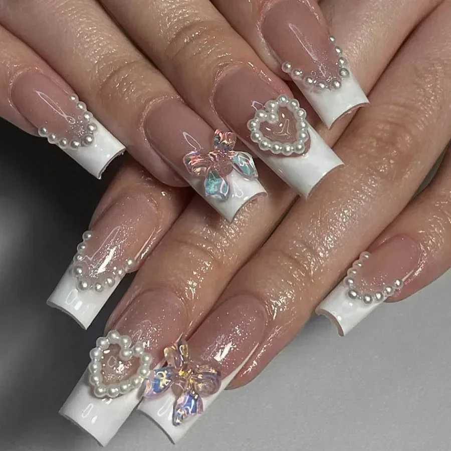 24 pieces of long ballet dancer fake nails pressed on nails snake shaped flowers and rhinestone French fake nails wearable white nail tips W240810