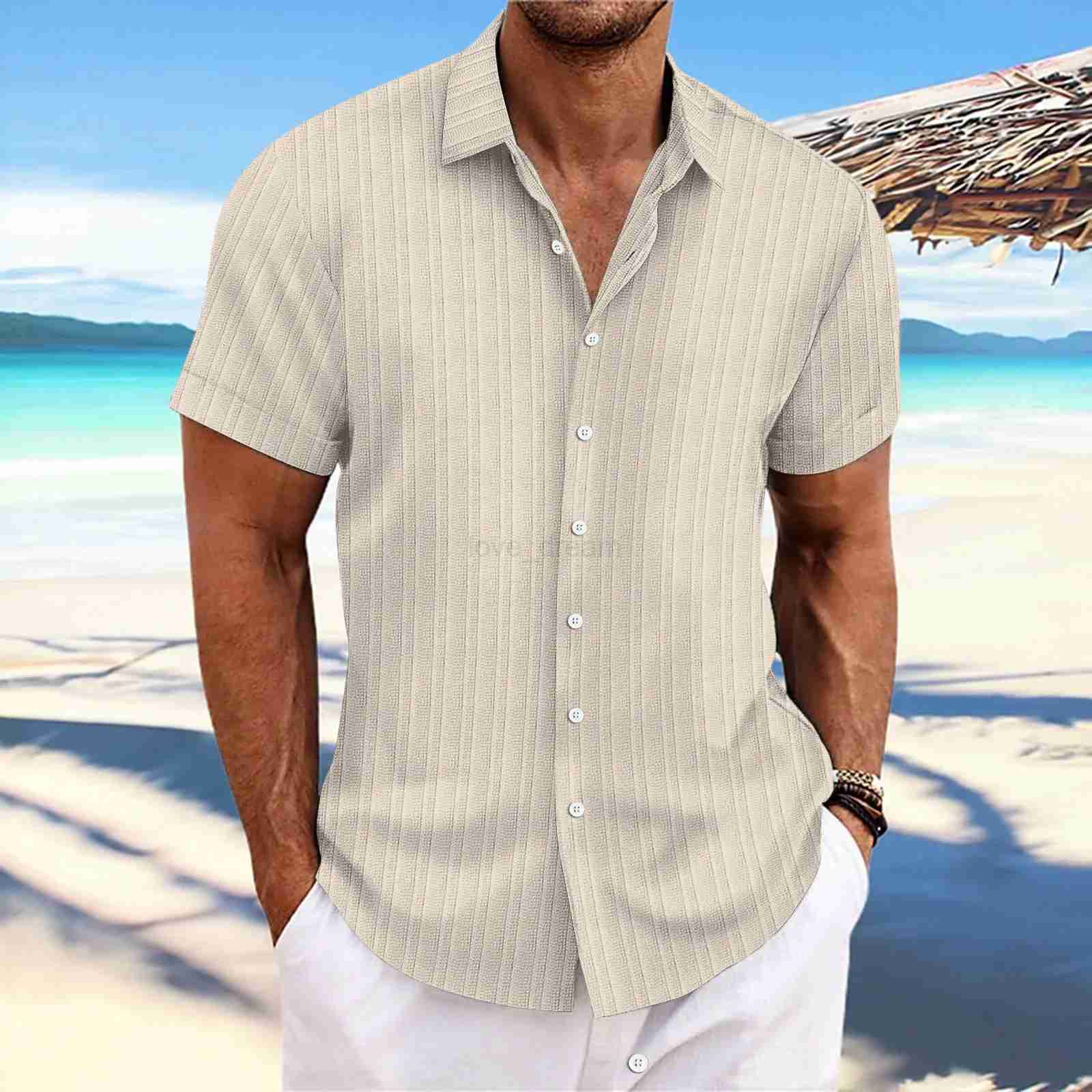 2024 New Mens Cotton And Linen Striped Trend jacquard Casual Loose Short Sleeve ShirtXJ240812