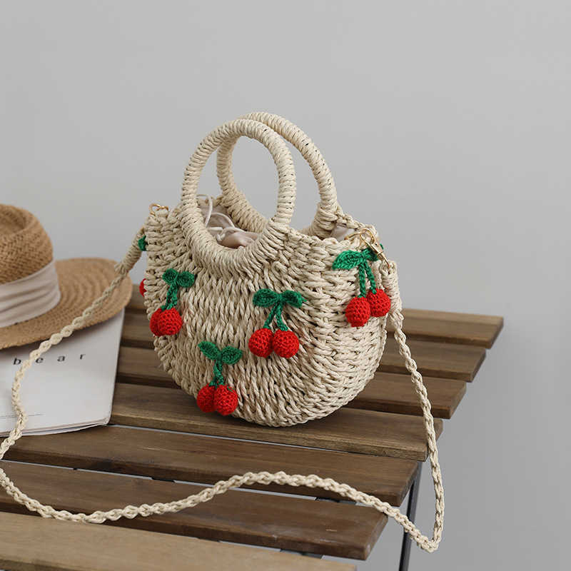 CMM New Cute Cherry Fresh Straw Woven Bag Handheld Woven Bag Strawberry Crossbody Bag Holiday Beach Bag
