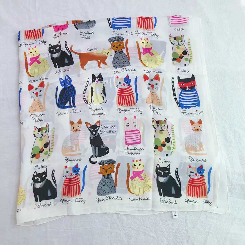 New Fashion Cat Printed Silk Square Scarf 90 * 90cm Womens Neck Hair Tie Strap Bag Knitted Soft Collar Headscarf W240810