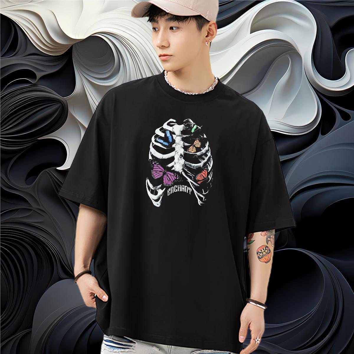 Casual New T-Shirts for Men butterfly Tops Shirt 100% Cotton 230g Street Casual Comfortable Oversized Short Sleeve O-Neck Tshirts