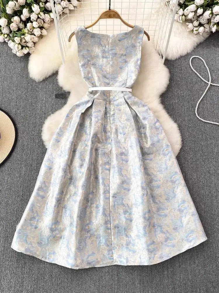 Summer Elegant Flower Jacquard Evening Party Dress Womens Sleevless Square Collar Tank Zipper Buttterfly Belt Prom Vestidos 240812