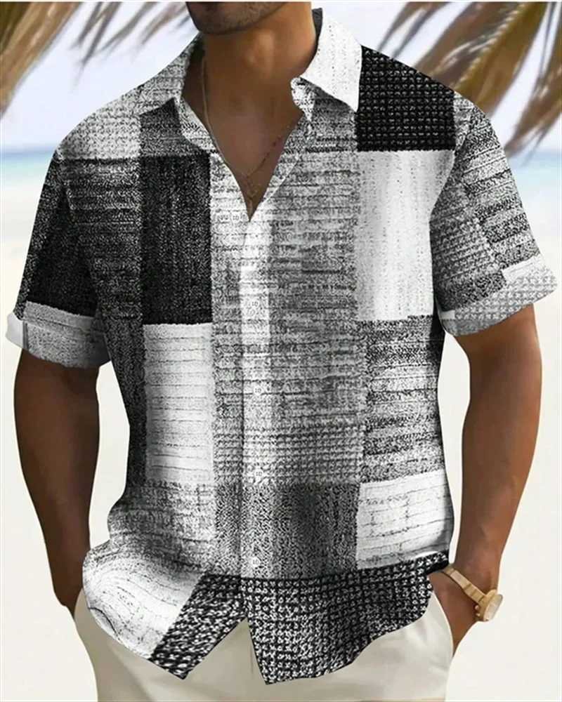 2024 Mens Color Block 3D Printed button-down Lapel Short Sleeve Shirt Large Size 5XL High quality Hawaiian Beach shirt TopXJ240812