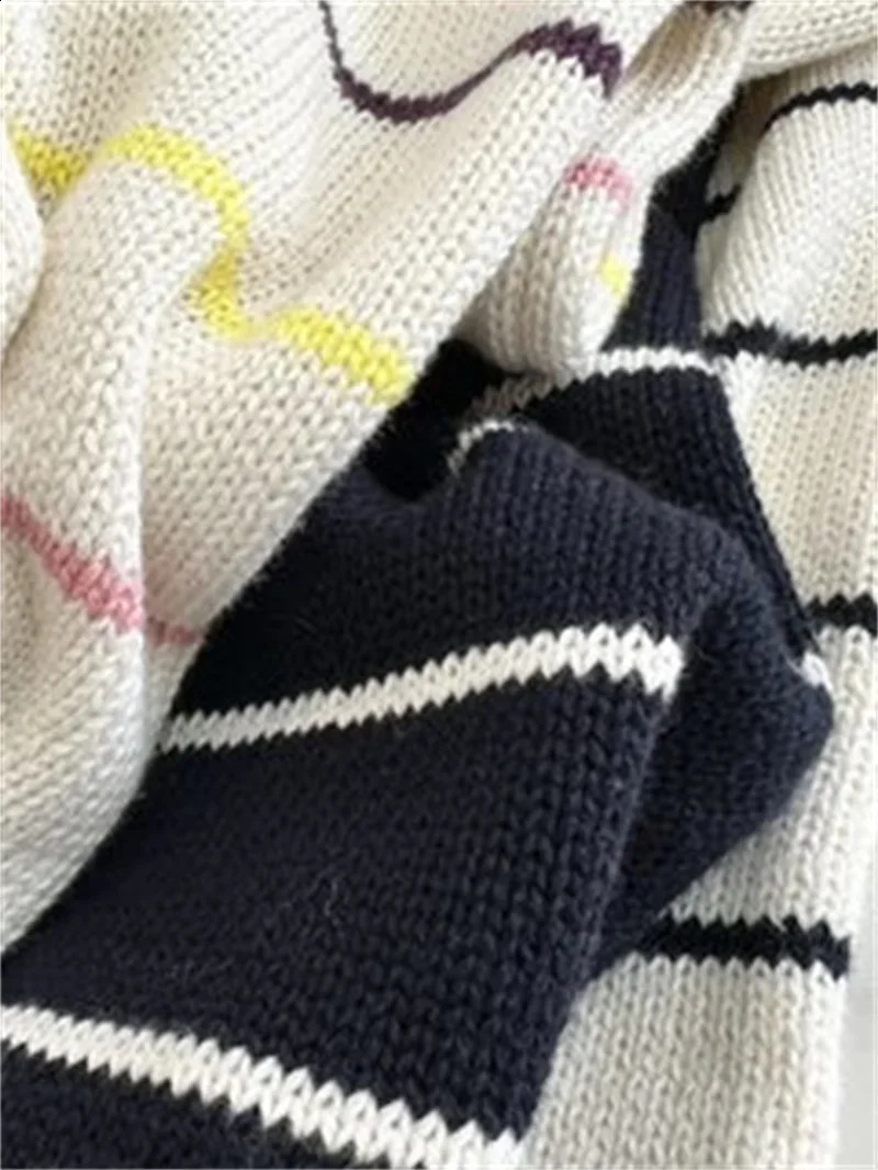 Autumn Womens Front Buttons Sweater Stripes Preppy Style O-neck Long Sleeve Female Pullover Tops 240812