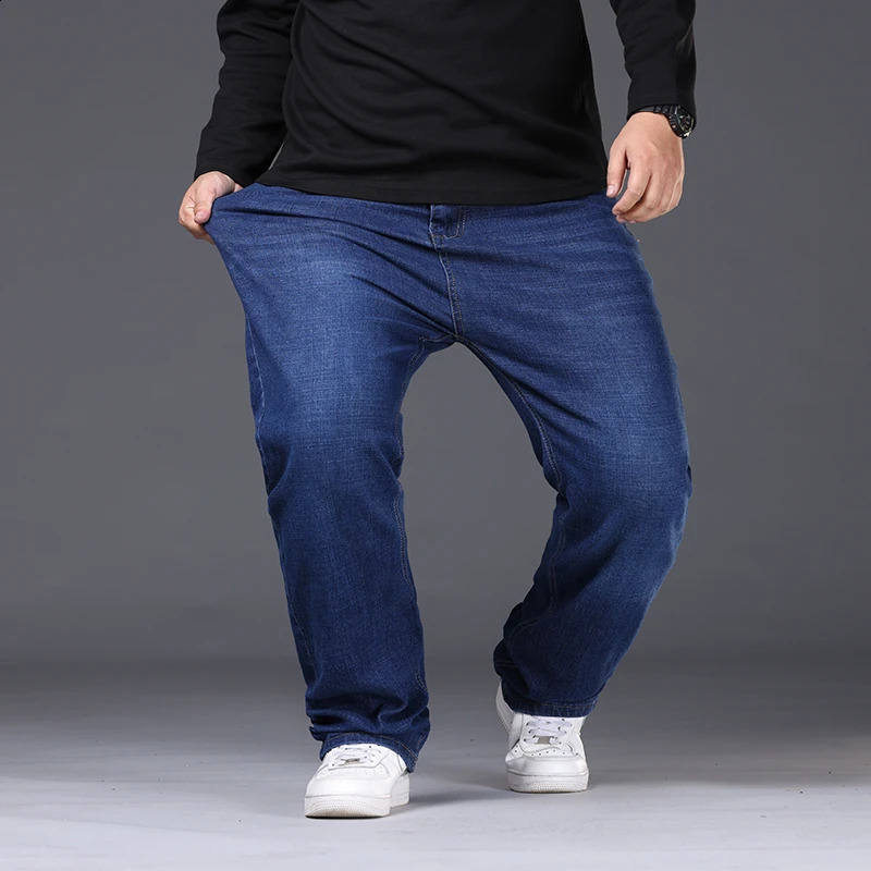 Denim Jeans For Men Plus Size 48 50 300KG Casual Fashion Business Pants Elastic Loose Straight Long Large Size 5XL 6XL 7XL 240812