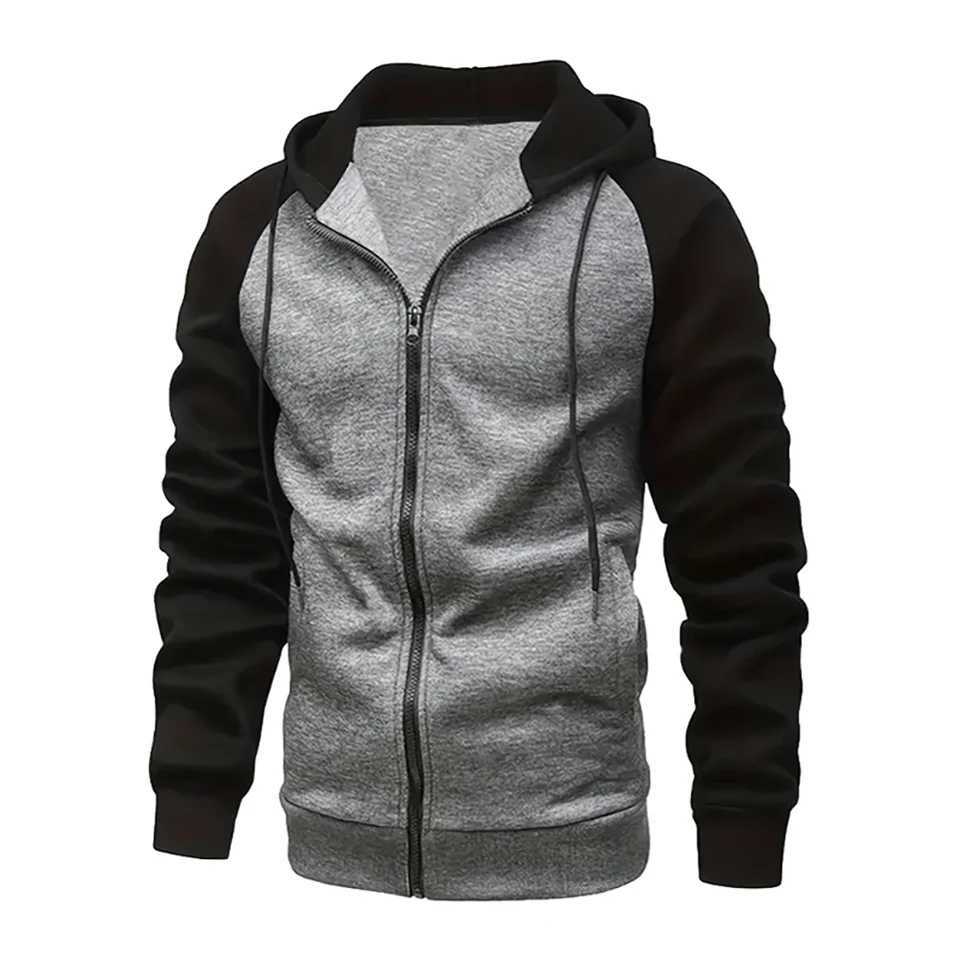 New Mens Zip-Up Color Block Hoodie with Casual Stylish Durable Fall/Winter Top Raglan Sleeves Hoodies Sweatshirt MaleXJ240812