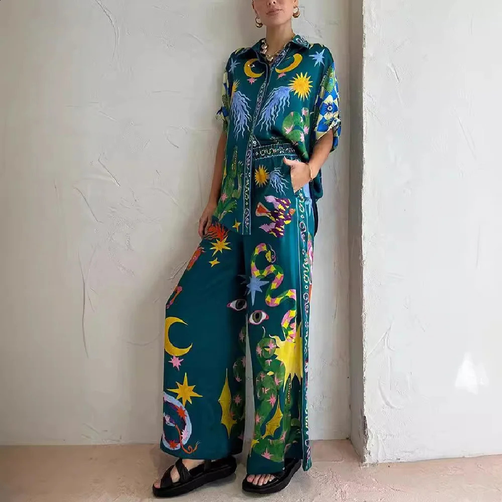 Women Printed Set Buttons Shirt Blouse Top Loose Long Pants 2 Pieces Set Lady Hawaii Spring Summer Casual Outfits Streetwear 240812