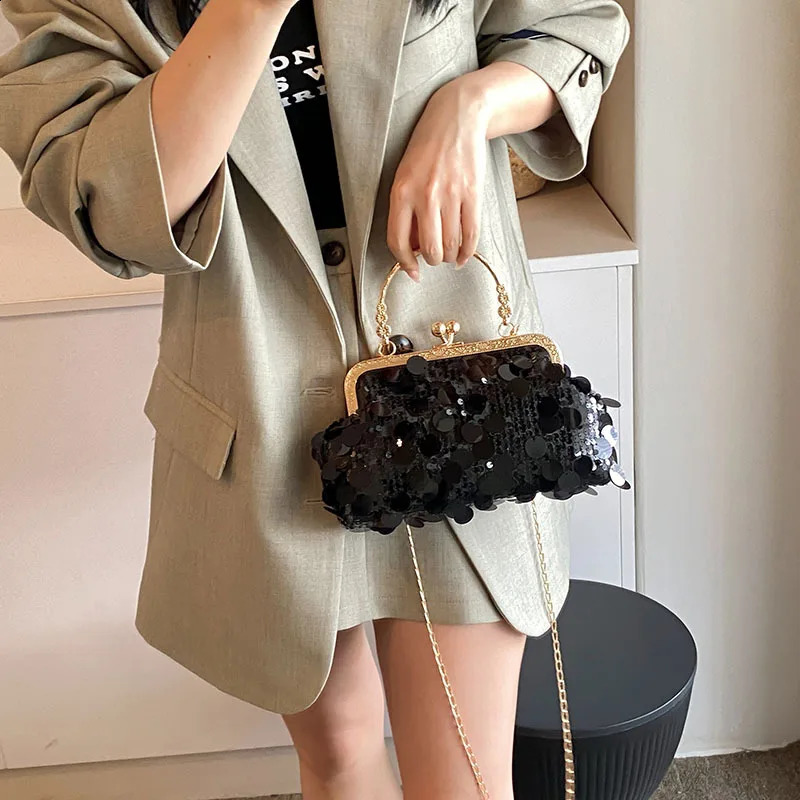Sparkling clutch bag fashionable evening chain strap shiny shoulder large capacity top handle wallet for wedding parties 240810