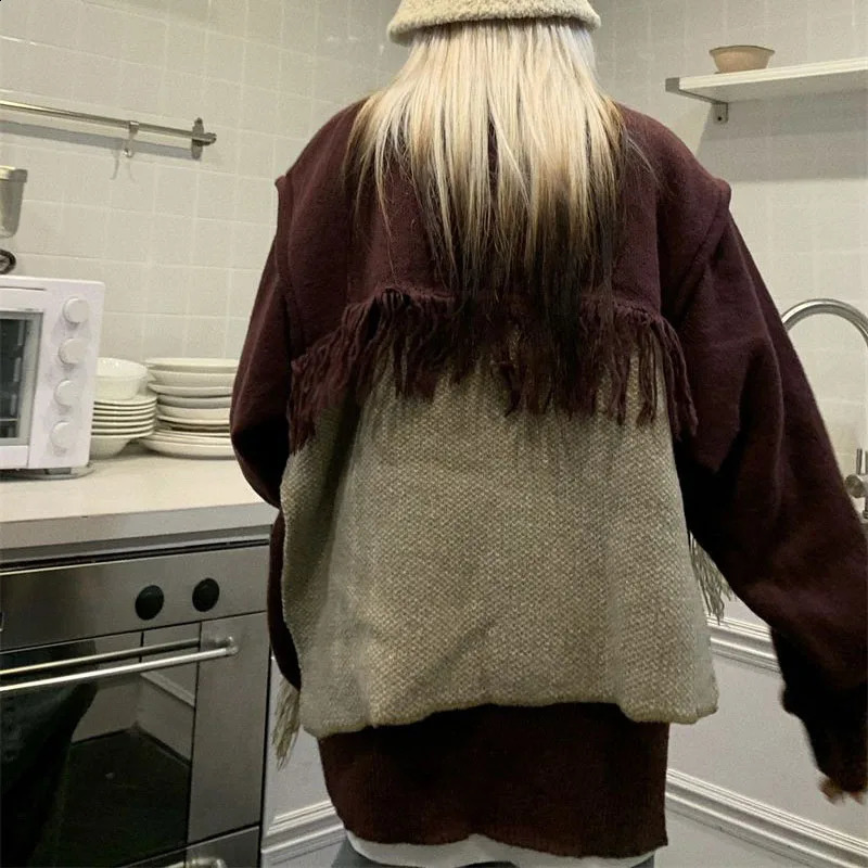Gidyq Women Patchwork Knitted Sweater Korean Fashion Tassel Female Loose Jumper Casual Streetwear Pullover Tops Autumn 240812