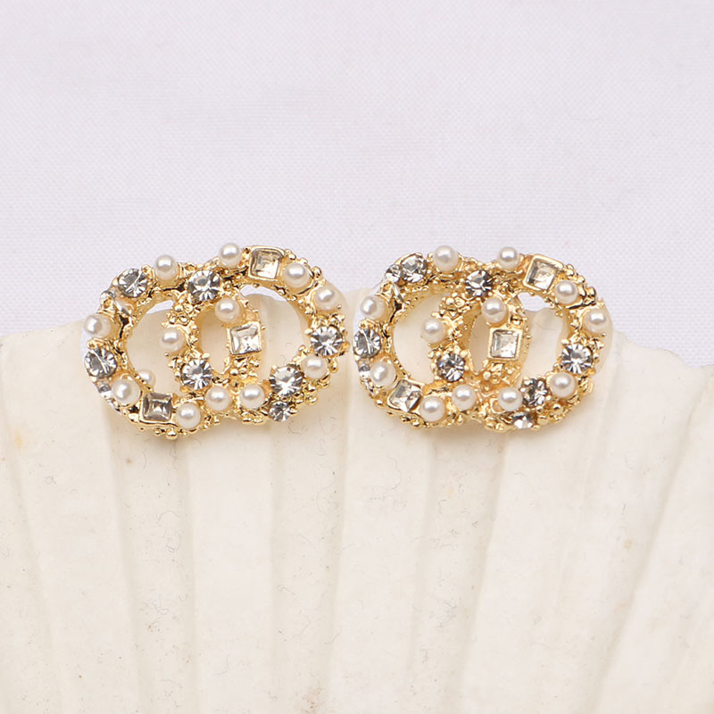 Simple 18K Gold Plated 925 Silver Luxury Earrings Designers Letters Stud Geometric Famous Women Round Crystal Rhinestone Pearl Earring Wedding Party Jewerlry
