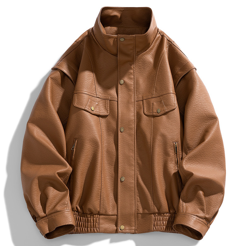 Clothing Mens Lychee Patterned Motorcycle Leather Jacket Mens Loose Korean Version Plus Size Stand Up Collar Jacket Trendy and Thick Jacket