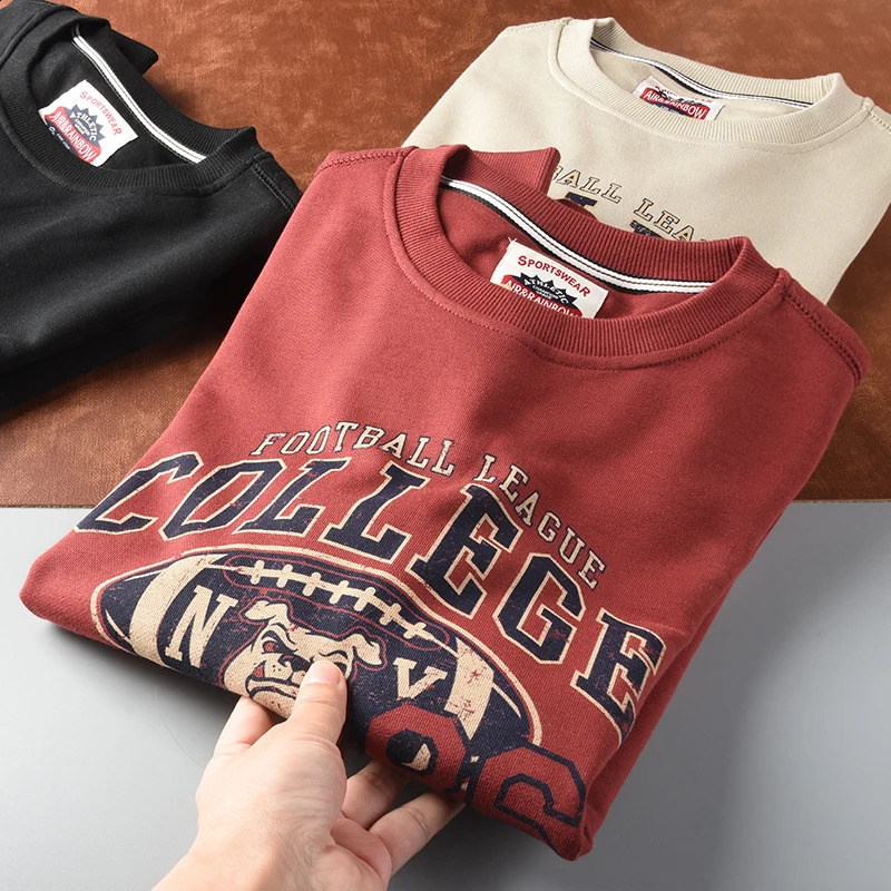 Autumn American Retro Long-sleeved O-neck Letter printed Hoodies Mens Fashion Simple 100% Cotton Washed Casual Sport Tops 240812