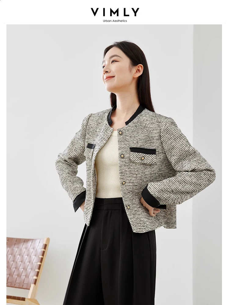 Vimly Contrast Striped Elegant Tweed Jacket Spring Black White O-neck Single Breasted Straight Short Coat Female M5197 240812