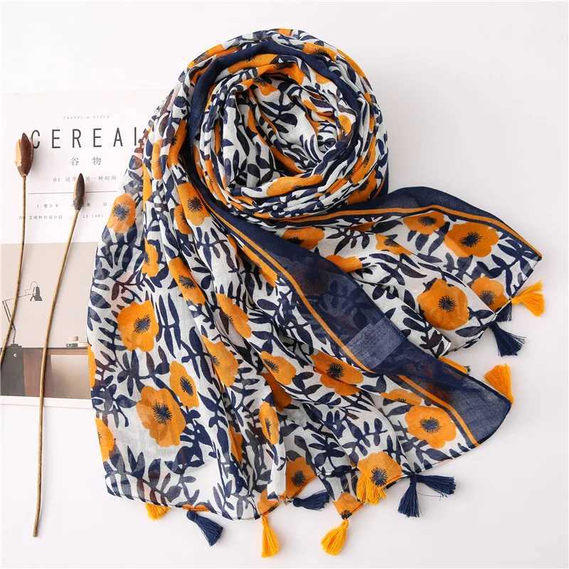 2021 Latest Flower Printed Scarf Headscarf Tassel Womens Shawl Cotton Muslim Headscarf Large Size Fashion Headscarf 1 Piece Retail W240810