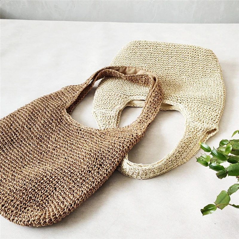 Womens casual large capacity straw shoulder bag womens handmade summer beach latte womens messenger handbag 240930
