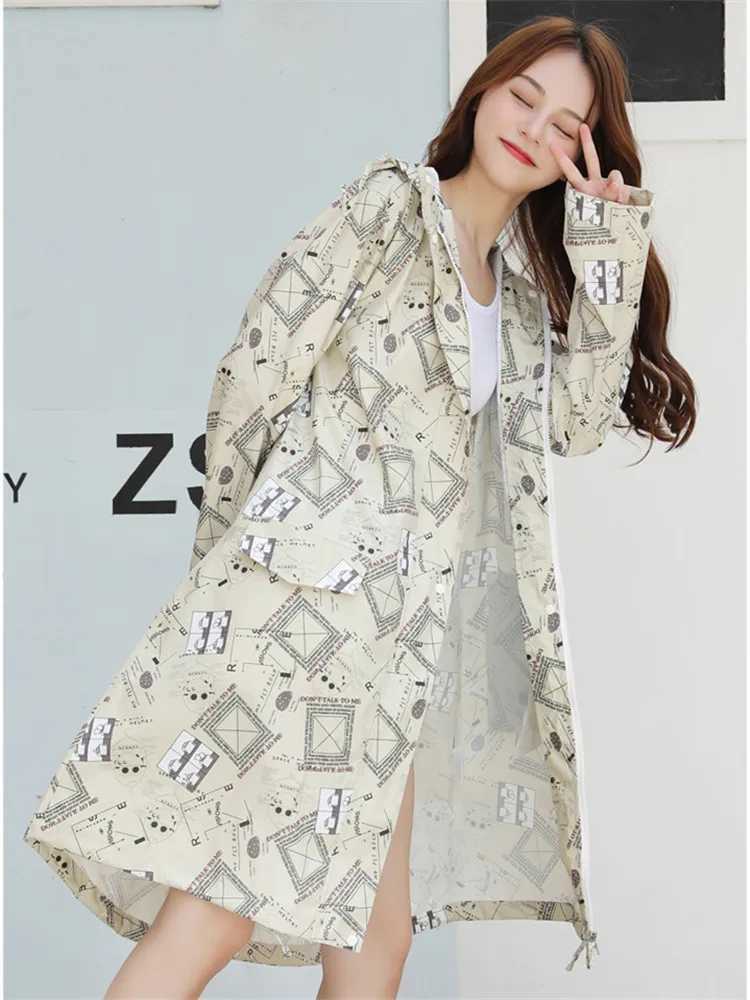 Knee Long Raincoats Women Waterproof Hooded Lightweight Rain Coat Cover Ponchos Two Way Zip Jacket Cloak PU Coating Y240810