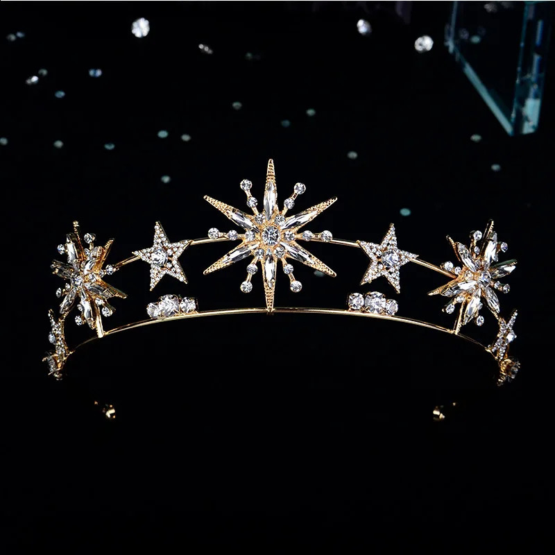 Vintage European 6-Point Star Wedding Crown Tiaras Gold Color Rhinestone Diadem Princess Women Headband Bridal Hair Accessories 240805