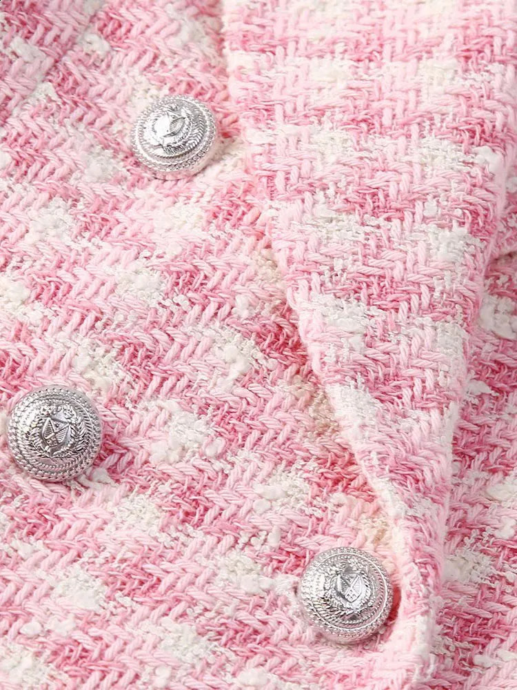 Klacwaya Blazer Women Jacket Pink Plaid Blazer Women Clothing Office Casual Tweed Blazers Double Breasted 240812