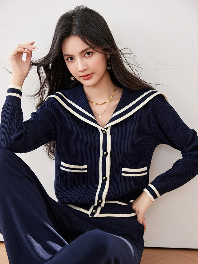 Autumn Winter Women Navy Blue Knitted Cardigans Fashion Loose Sweet Single Breasted Sailor Collar Pullover Sweater 240812
