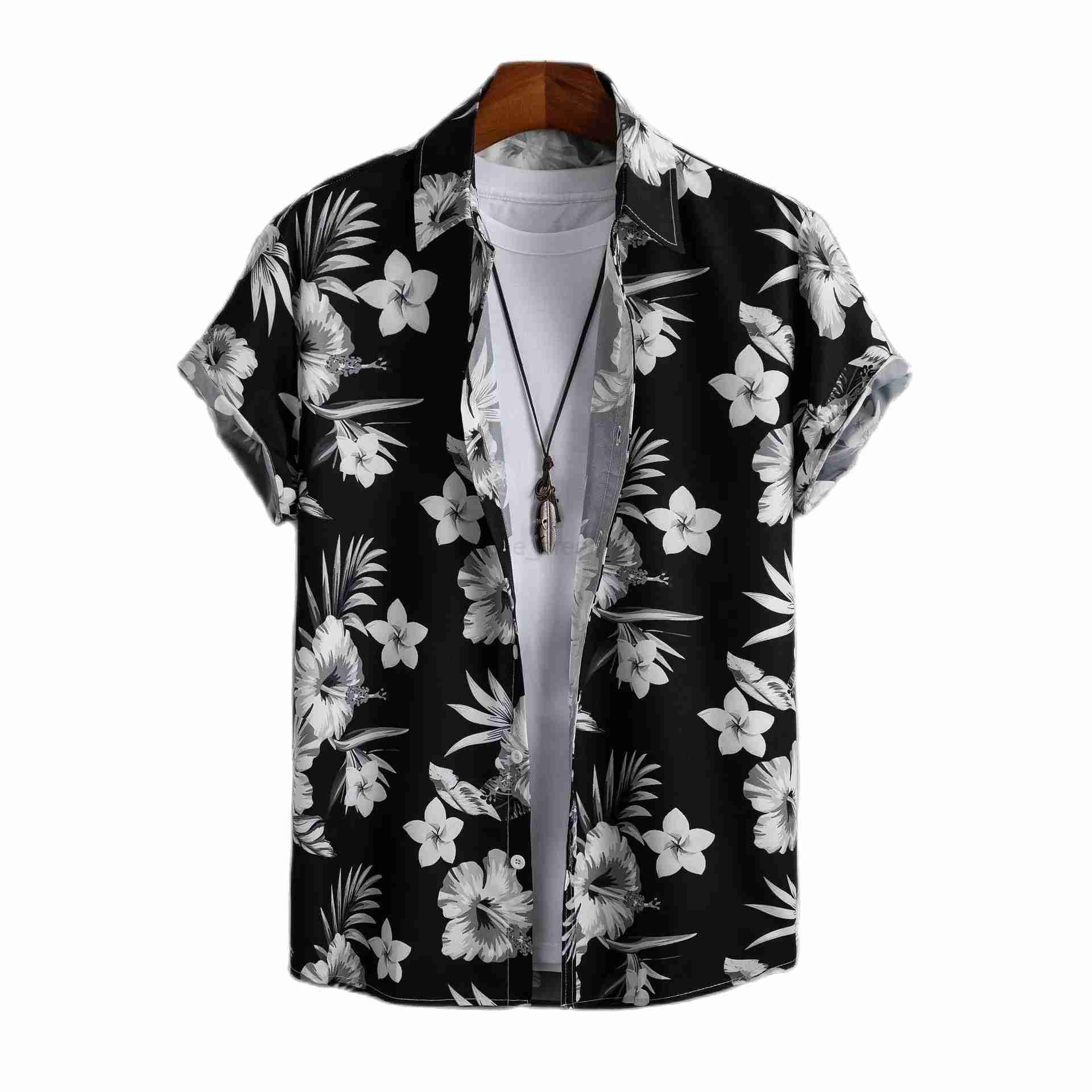 2023 Hawaiian Shirt Men Fashion Flower Geometric Printed Blouse Single-breasted Beach Short SleeveTops Mens Holiday ClothingXJ240812