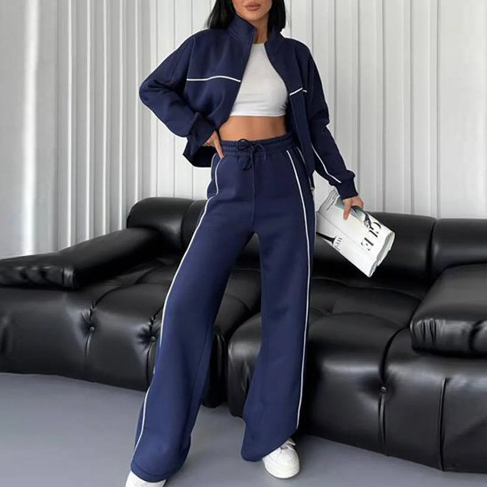 Womens Solid Color Sport Leisure Sweatshirt Casual Two Piece Suit For Autumn And Winter Dress plus Size Striped Skinny Outfit 240812