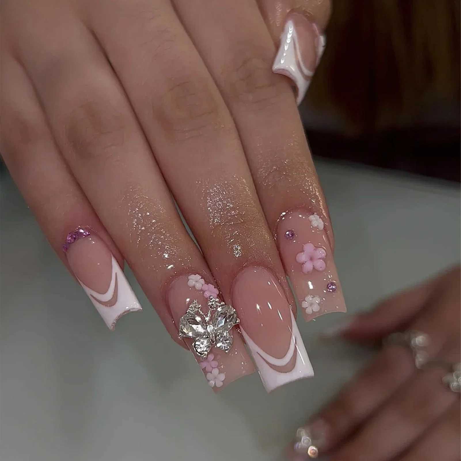 French Love Bow Decoration Fake Nail Medium Long Coffin Ballet Press Nail Korean Sweet 3D Flower Design Bridal Lady Fake Nail W240810
