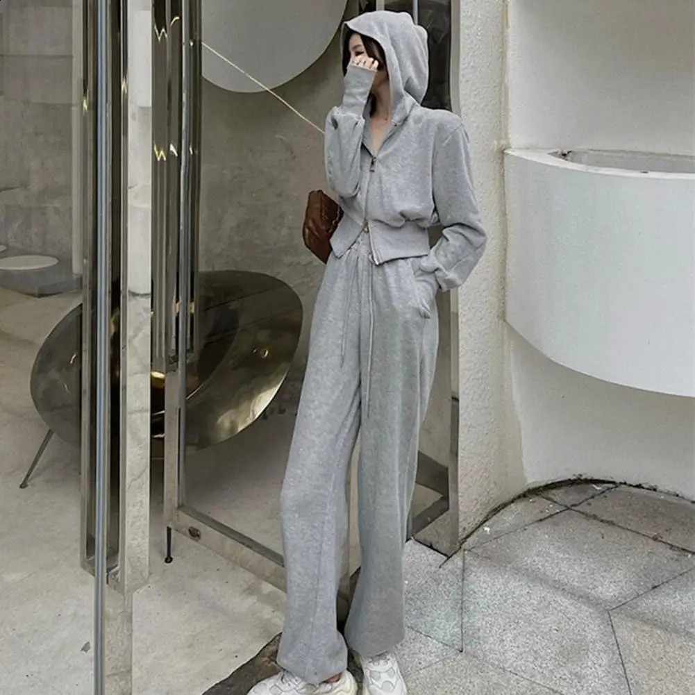 Double Zippers Knitted Suit Women Sweater Slit Casual Pants Winter Loose Two-Piece Set Woman Tracksuit 240809