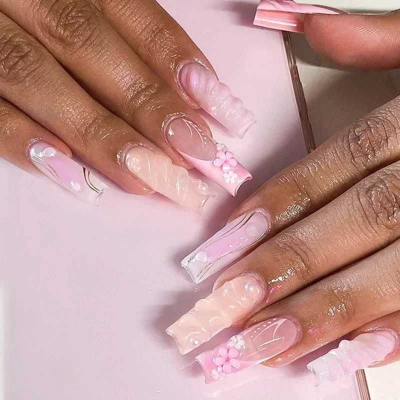 24 pieces of long ballet dancer fake nails pressed on nails snake shaped flowers and rhinestone French fake nails wearable white nail tips W240810