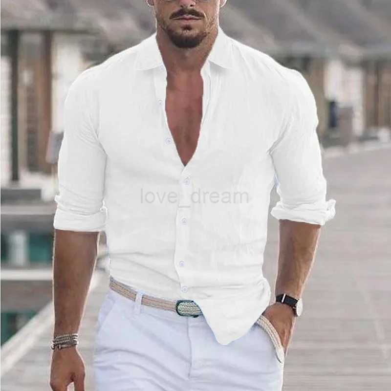 2024 Elegant Mens Solid Color Cotton Linen Long Sleeve Shirt Lapel Fashion Casual Loose Soft Breathable Cotton TopXJ240812