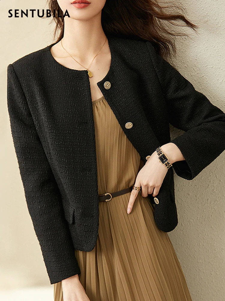 SENTUBILA Black Cropped Tweed Jacket for Women Autumn Winter Single Breasted Fashion Korean Style Jacket Coats 123W42756 240812