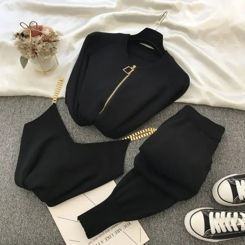 Autumn Knitted Women Sets Solid Sexy Vest Long Sleeve Zipper Cardigans Elastic Waist Pants 3pcs Sets Tracksuits Clothing Women 240812