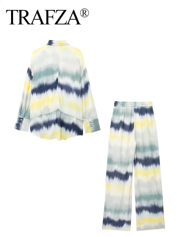 TRAFZA Women Printed Tied Pants Sets 2024 Tie Dye Long Sleeves Single Breasted ShirtsElastic Waist LaceUp Wide Leg TRAF y240815
