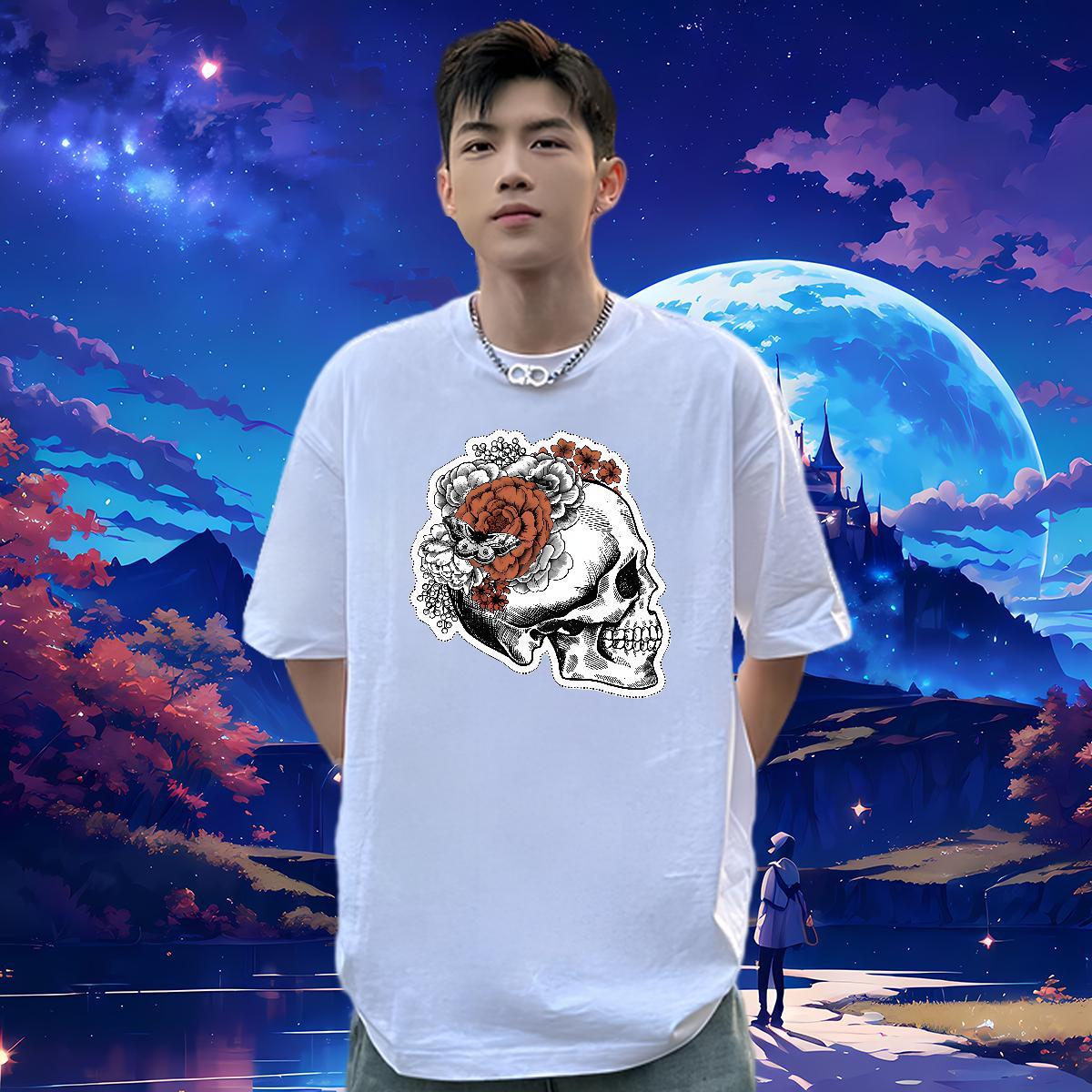 2024 DIY T shirt skull Tshirts 230g Cotton Sports Casual Soft Oversized 4XL Breathable Short Sleeve Men Clothes T-Shirt
