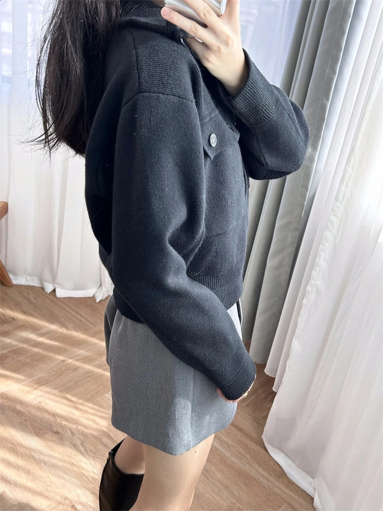 Women tweed jacket S Family 24 Spring Style Black Top with High Neck Small Diamonds Zipper Knitted Short Coat for Women 240812