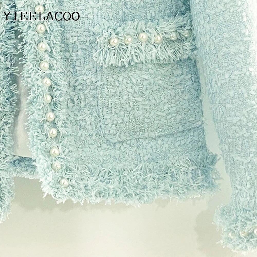 Light blue tweed jacket spring /autumn / winter jacket temperament One piece round neck coat Handmade beads womens jacket 240812
