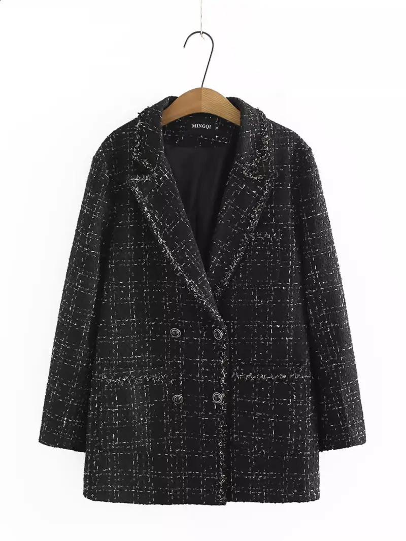 Spring Autumn Korean Tweed Blazer Spring Autumn Oversized Womens Casual Jacket Retro Double Breasted Suit Coat K305 240812