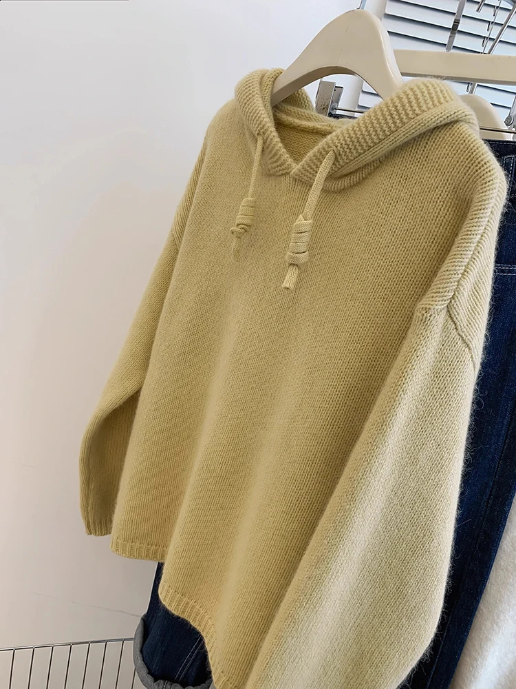 Women Sweater Autumn Winter Fashion Long Sleeve Tops Casual Loose Hooded Knitted Pullovers Korean Lazy Style Solid Color Sweater 240812