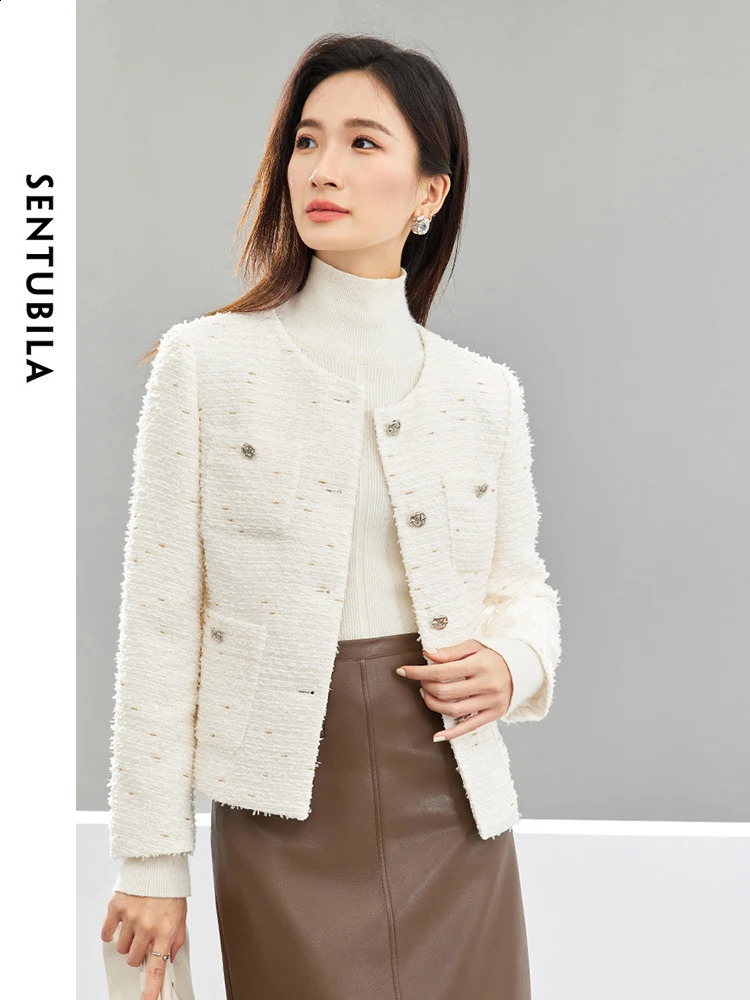 SENTUBILA Spring Autumn Women White Tweed Jackets Fashion Multi-pocket Straight-cut Long Sleeve Short Coat Female 141W52780 240812