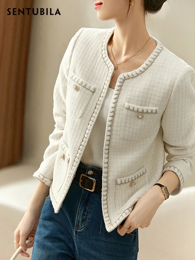 SENTUBILA Elegant Cropped Tweed Jacket Women Spring Fashion Straight-cut Short Coats for Woman Female Outerwear 123W44147 240812
