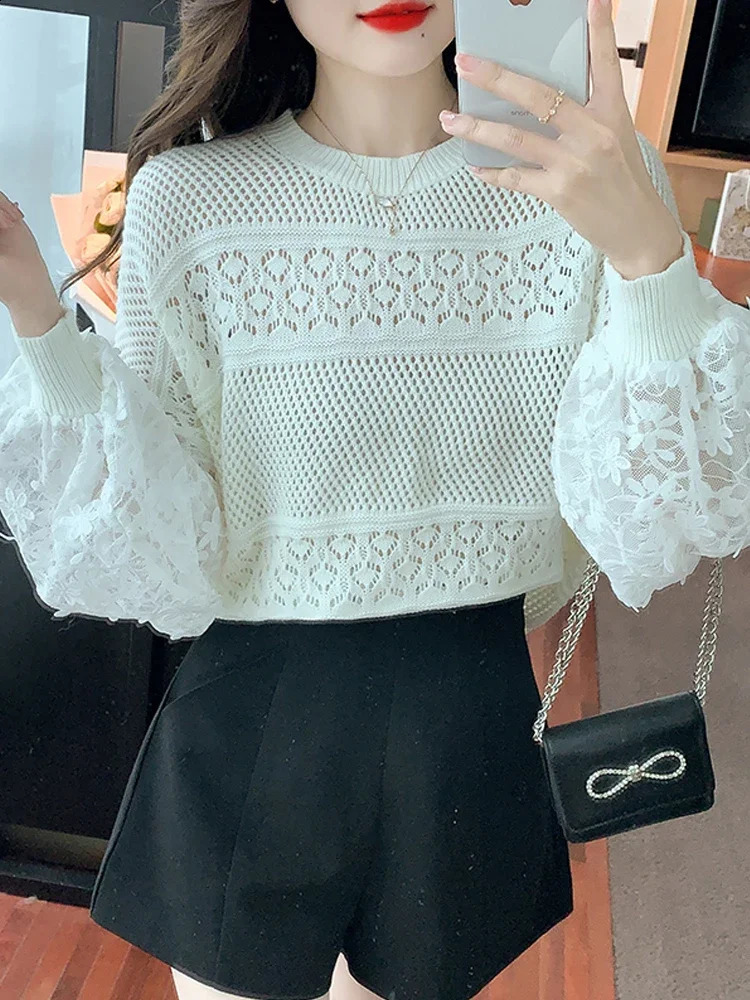Women White Gothic Knitted Torn Pullover Sweater Harajuku Korean 90s Y2k Long Sleeves Jumper Sweaters Emo Vintage 2000s Clothes 240812