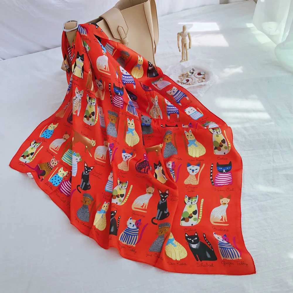 New Fashion Cat Printed Silk Square Scarf 90 * 90cm Womens Neck Hair Tie Strap Bag Knitted Soft Collar Headscarf W240810