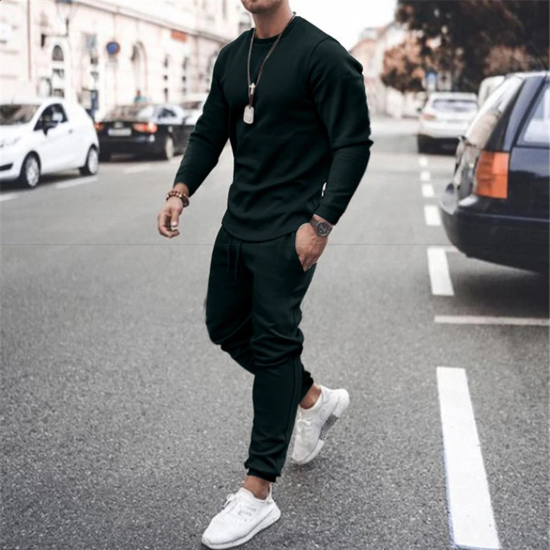 Summer Long-Sleeved Leisure Sports Two-Piece Mens Breathable Sweat-Absorbing Trend Multi-Color Suit 240812