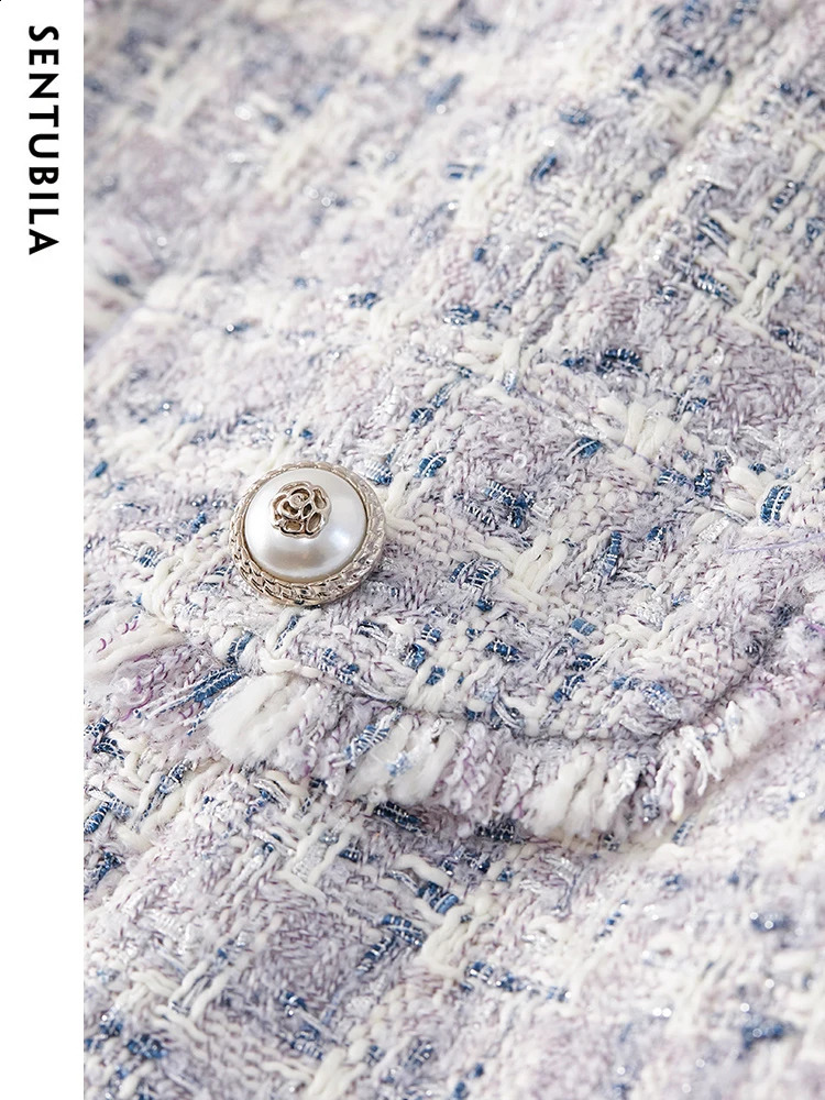 SENTUBILA Winter Tassel Trim Tweed Jackets for Women Elegant Outerwear Purple Plaid Straight-cut Long Sleeve Coats 133W519 240812