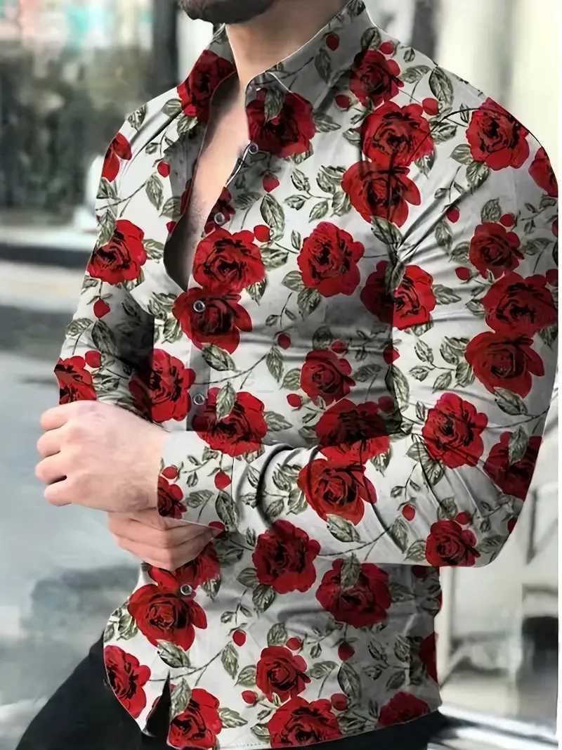 2024 New High Quality Casual Fashion 3D Rose Pattern Printed Shirt XS-6XL Large Size Fashion Long sleeved ShirtXJ240812