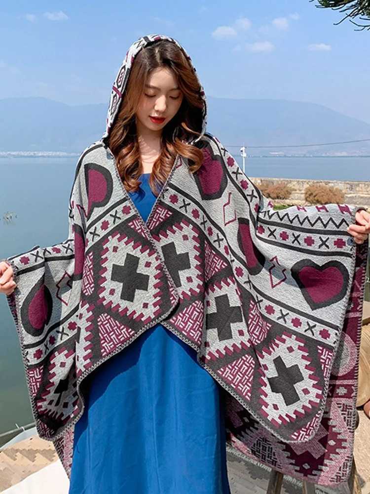 Imitation cashmere elegant womens scarf winter hooded raincoat warm womens bohemian thick packaging blanket Capa Para unprinted cashmere shawl W240810