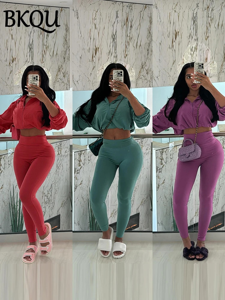 BKQU Solid Tracksuit Casual 2 Piece Sets Women Long Sleeve Drawstring Zipper Coats Skinny Pants Daily Street Outfits Autumn 240812