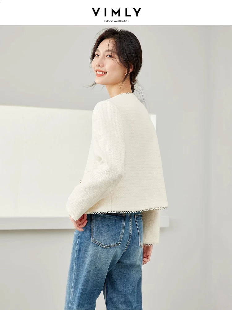 Vimly Women Elegant Cropped Tweed Jacket Woman Spring French Style O-neck Single Breasted Short Coat Female Outerwear M6655 240812