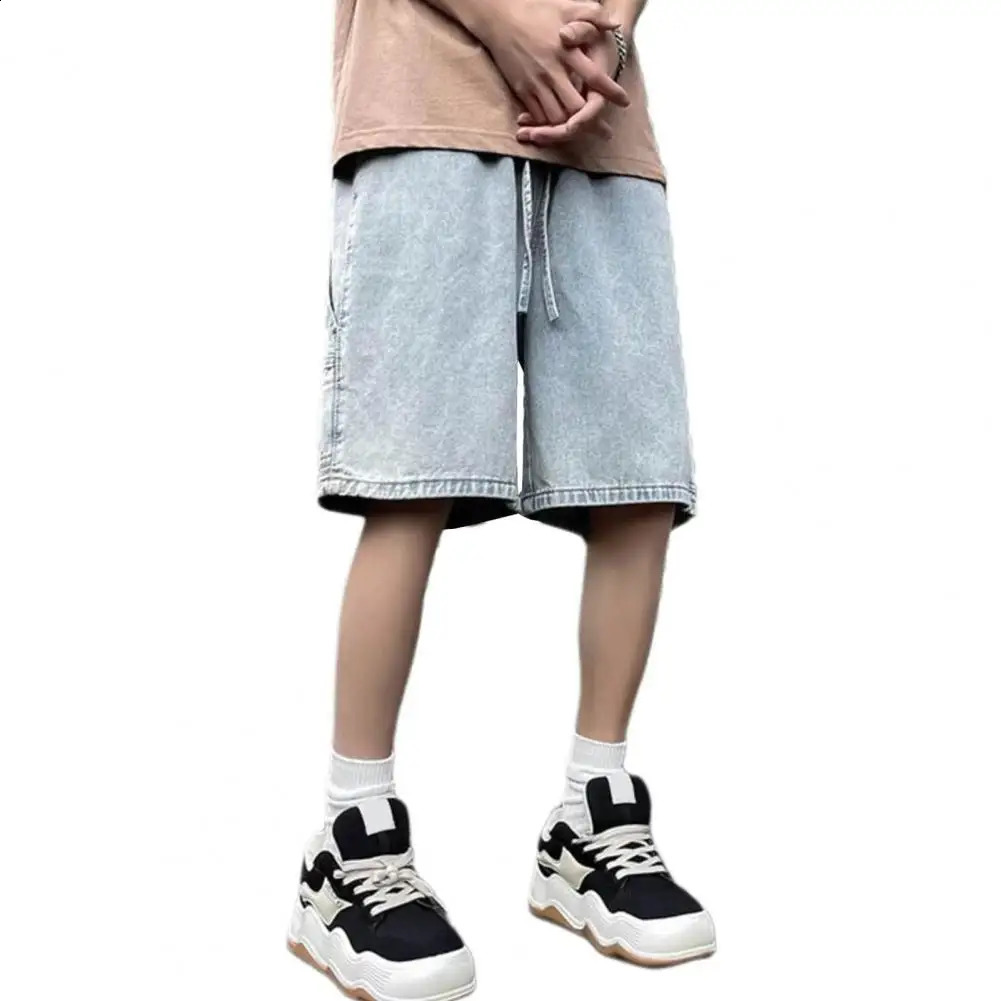 Plus Size Men Denim Shorts Elastic Drawstring Waist Straight Wide Leg Shorts Solid Color Beach Shorts Summer 240812