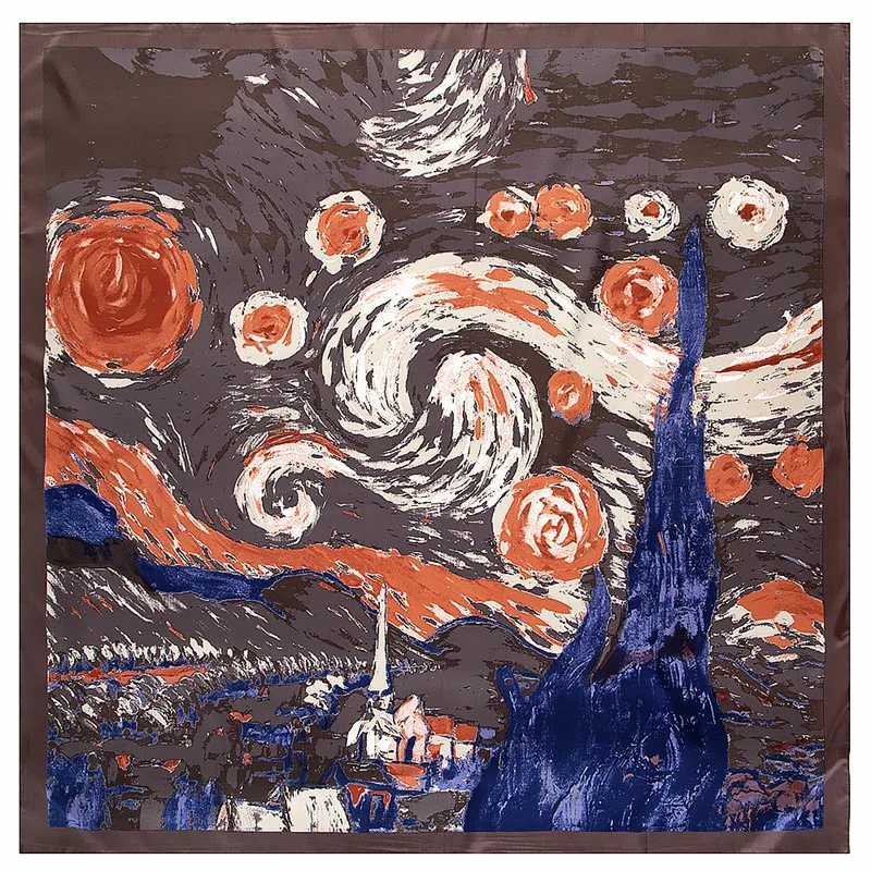 130cm New Van Gogh Starry Sky Oil Painting 2021 Brand Scarf Twill Silk Square Scarf Womens Kerchief Shawl W240810